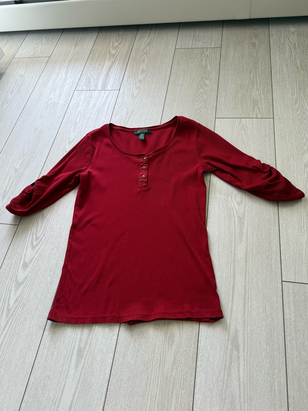 Ralph Lauren large Henley pullover y2k vintage red ribbed 3/4 sleeve 100% cotton